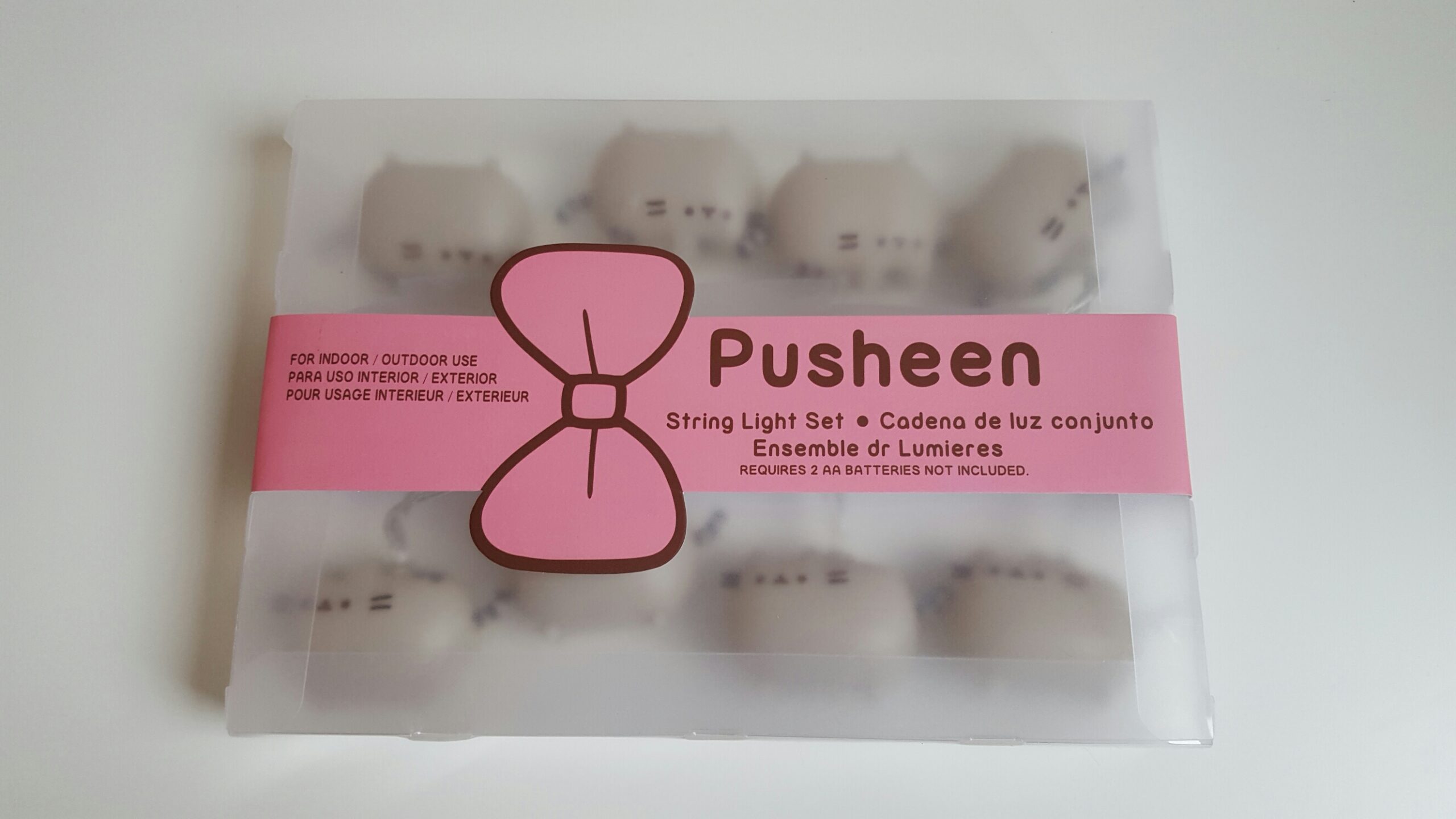 The Pusheen string lights in the packaging