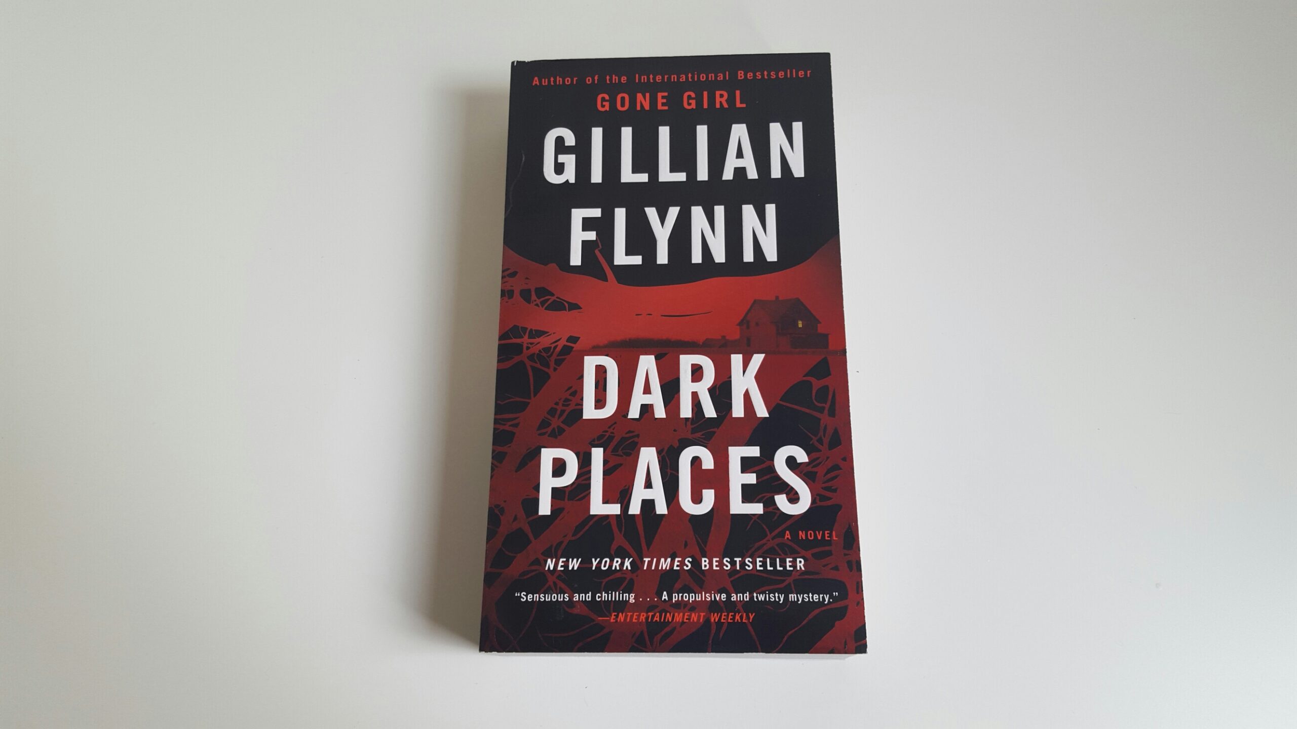Dark Places by Gillian Flynn. The cover is black with what appears to be red tree roots. In the roots is an outline of a house.