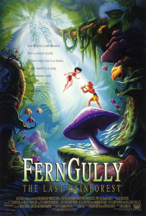The cover of FernGully: The Last Rainforest with an illustration of the fairies Crysta and Pips in a rainforest.