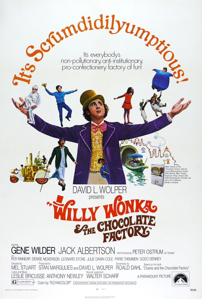 The cover Willy Wonka and the Chocolate Factory where Gene Wilder has his arms outstretched and the children and Oompa Loompas are on his arms