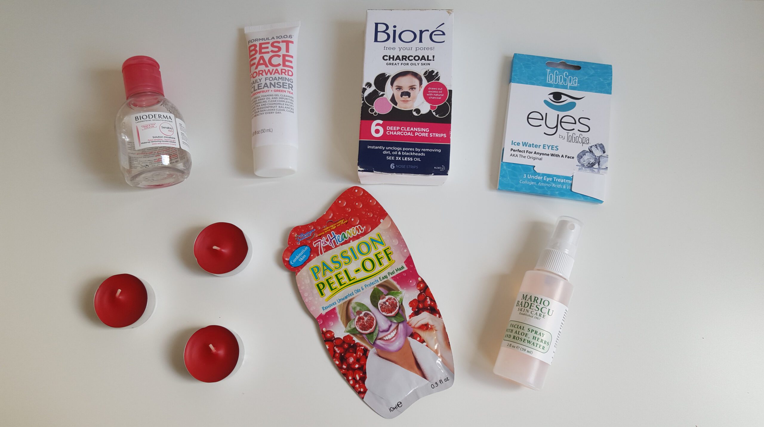 Products I use during my weekly pamper night including a micellar water, face cleanser, nose strip, under eye mask, face mask, and facial spray.