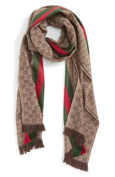 A brown, red, and green patterned scarf from Nordstrom