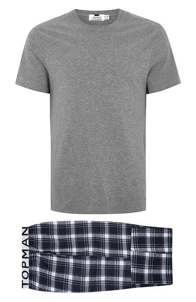 A pajama set from Nordstrom that includes a grey t-shirt and plaid pants. 