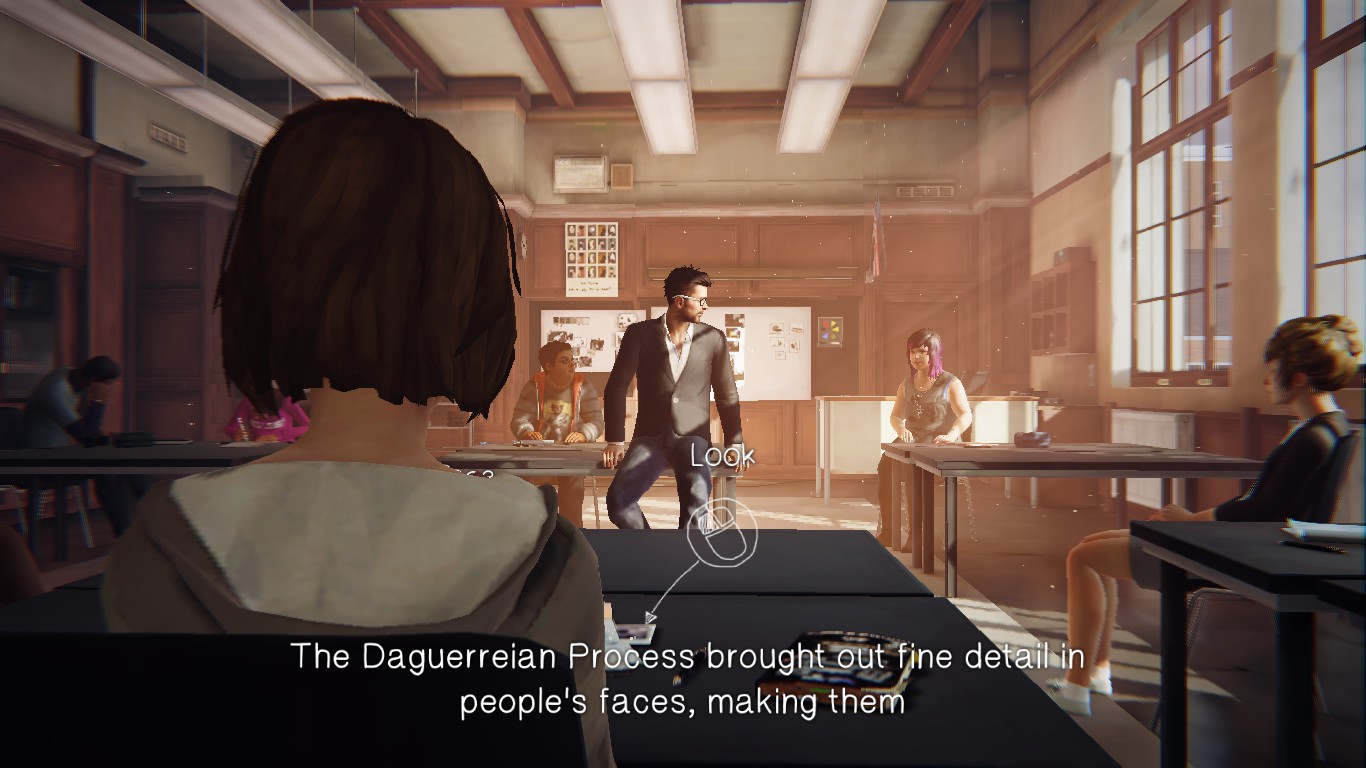 A screenshot of Max sitting in a classroom while the teacher is talking about the Daguerreian Process