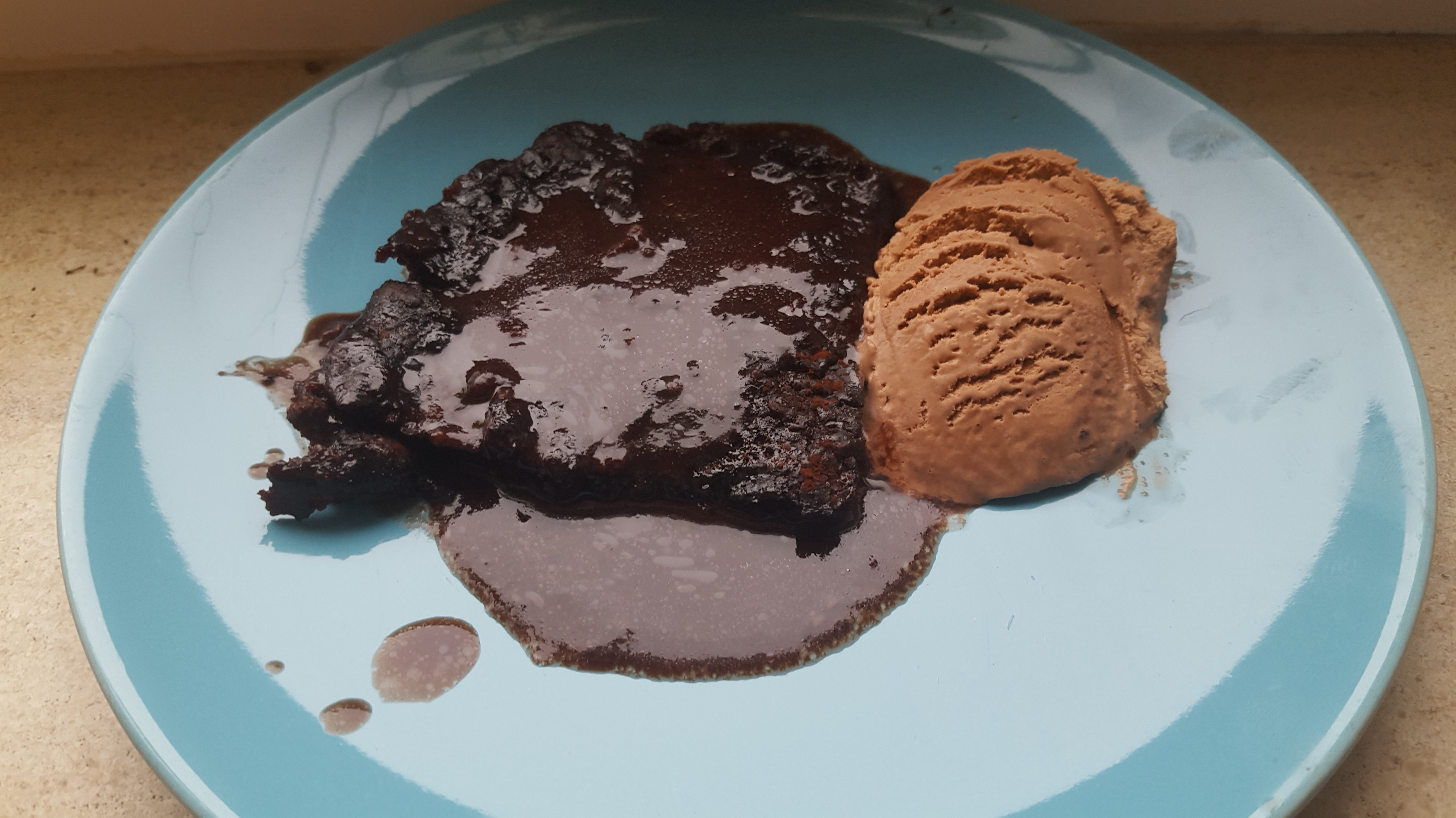 The chocolate self saucing pudding with ice cream
