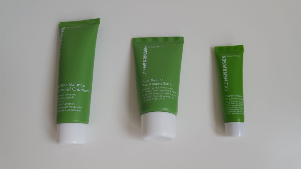 The Ole Henriksen Find Your Balance Oil Control Cleanser, the Pore-Balance Facial Sauna Scrub, and the Counter Balance Oil Control Hydrator skincare products