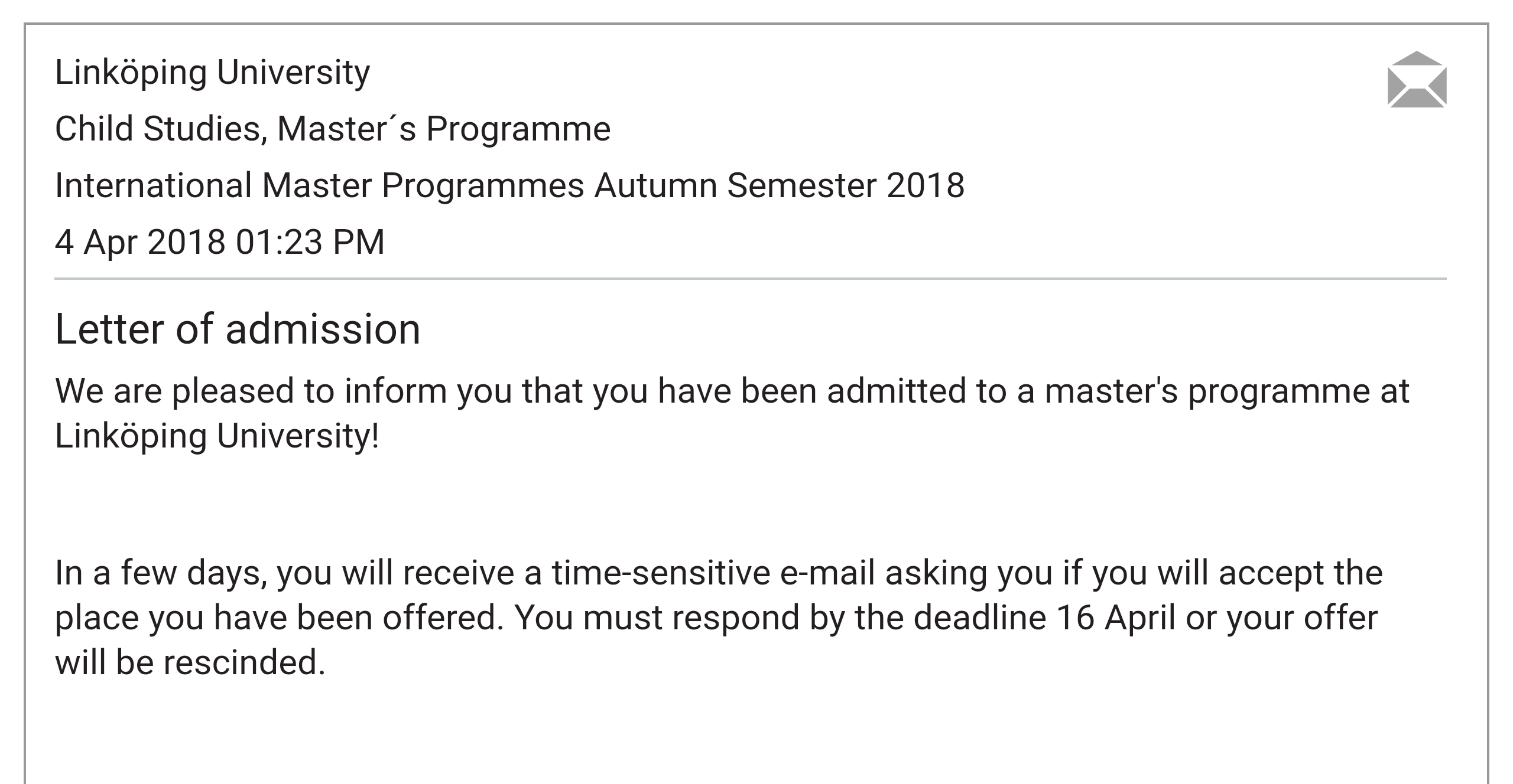 Letter of admission to the Child Studies program