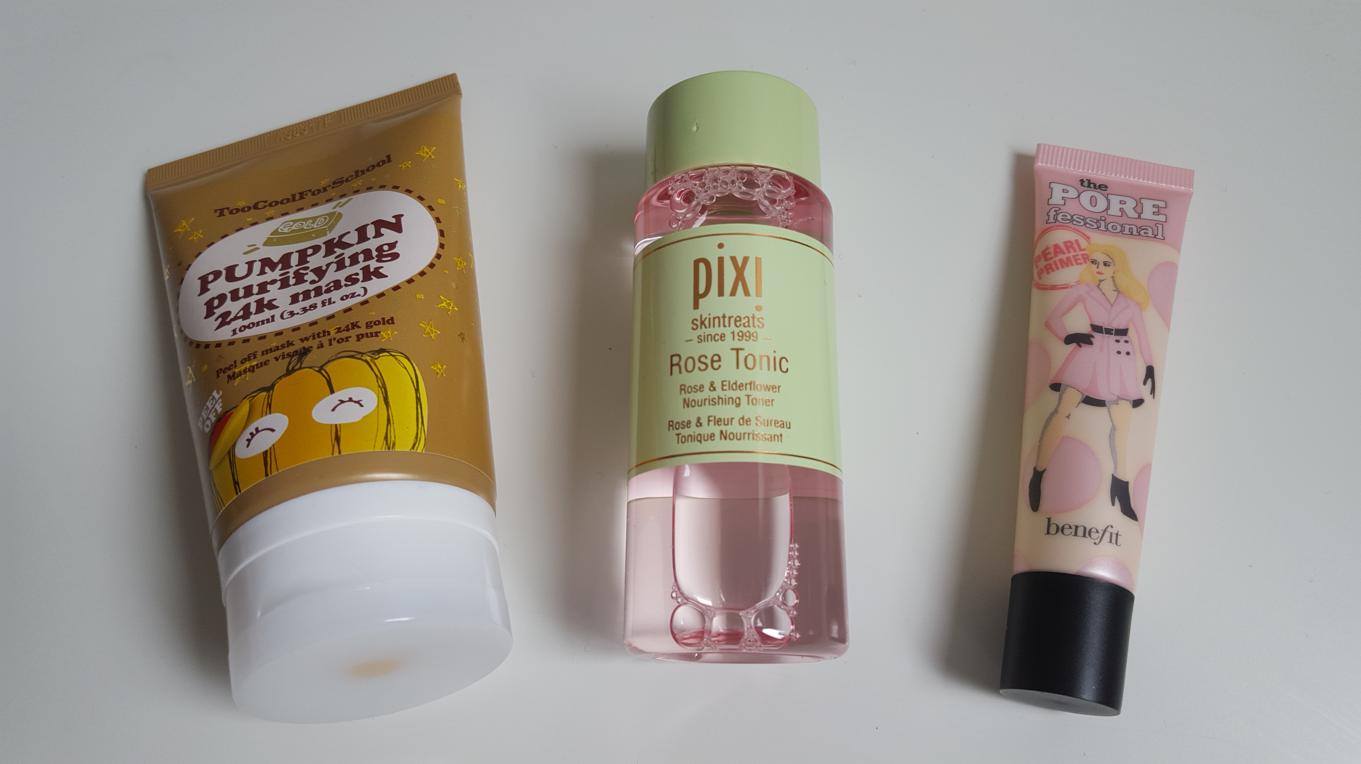 The Too Cool For School Pumpkin Purifying 24k Mask, Pixi Rose Tonic, and Benefit the Porefessional Pearl Primer