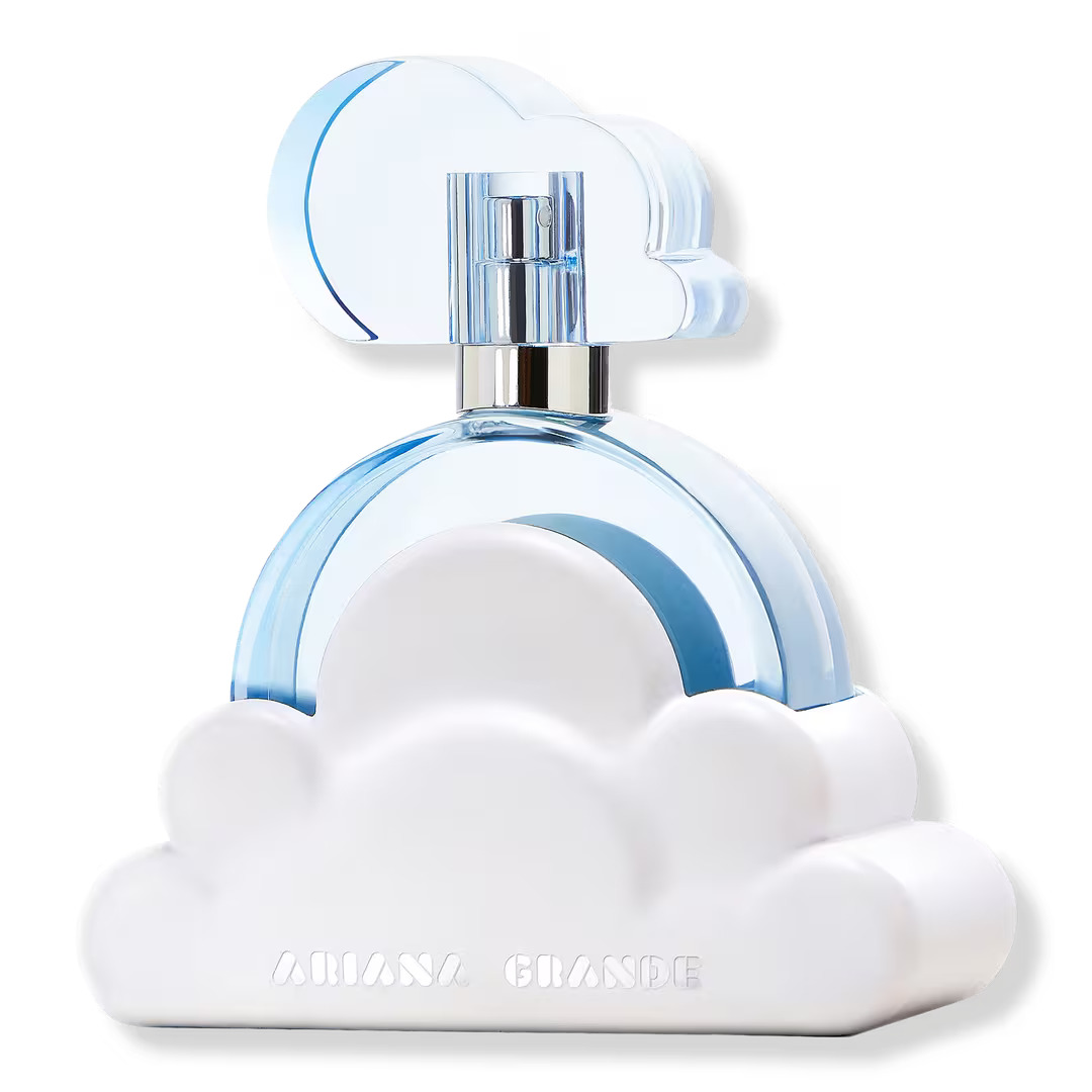 The Cloud perfume which is a blue glass bottle on top of a white cloud.