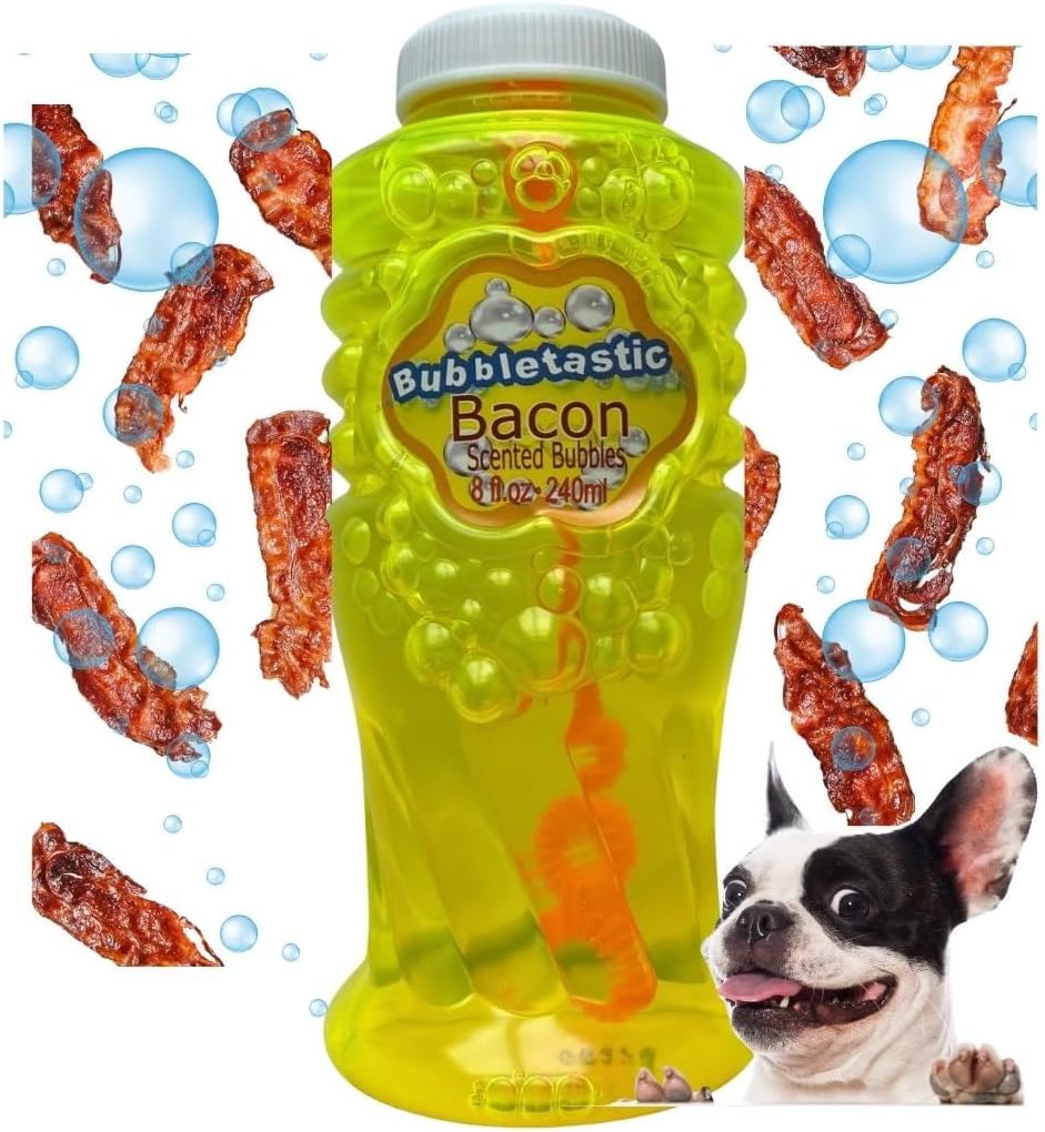 A bottle of the Bacon scented dog bubbles from Bubbletastic
