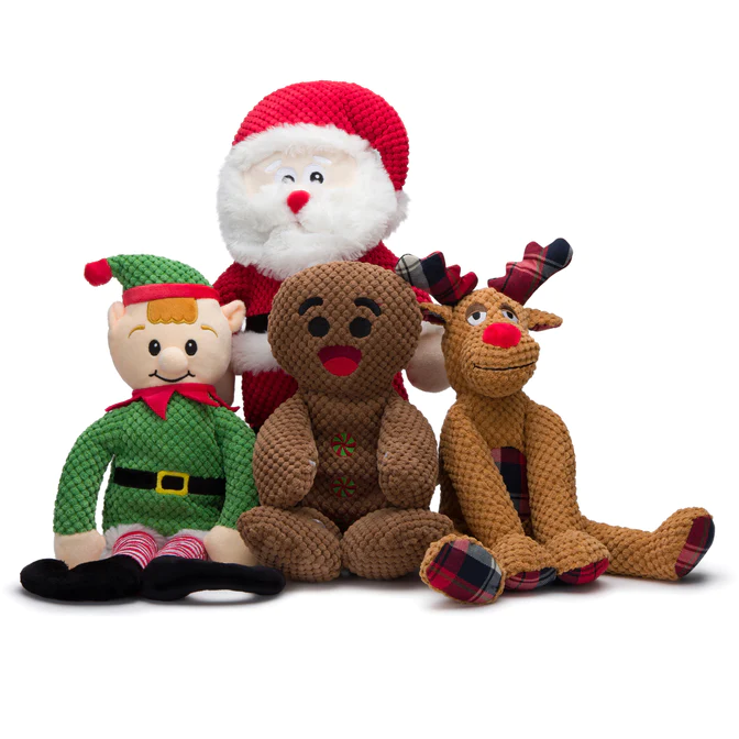 The Floppy elf, santa, gingerbread man, and reindeer dogs from fabdog