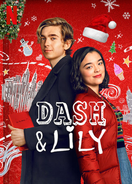 Dash & Lily Netflix series poster. In the poster, Dash and Lily have their backs against each other and their are Christmas-themed illustrations in the background. 