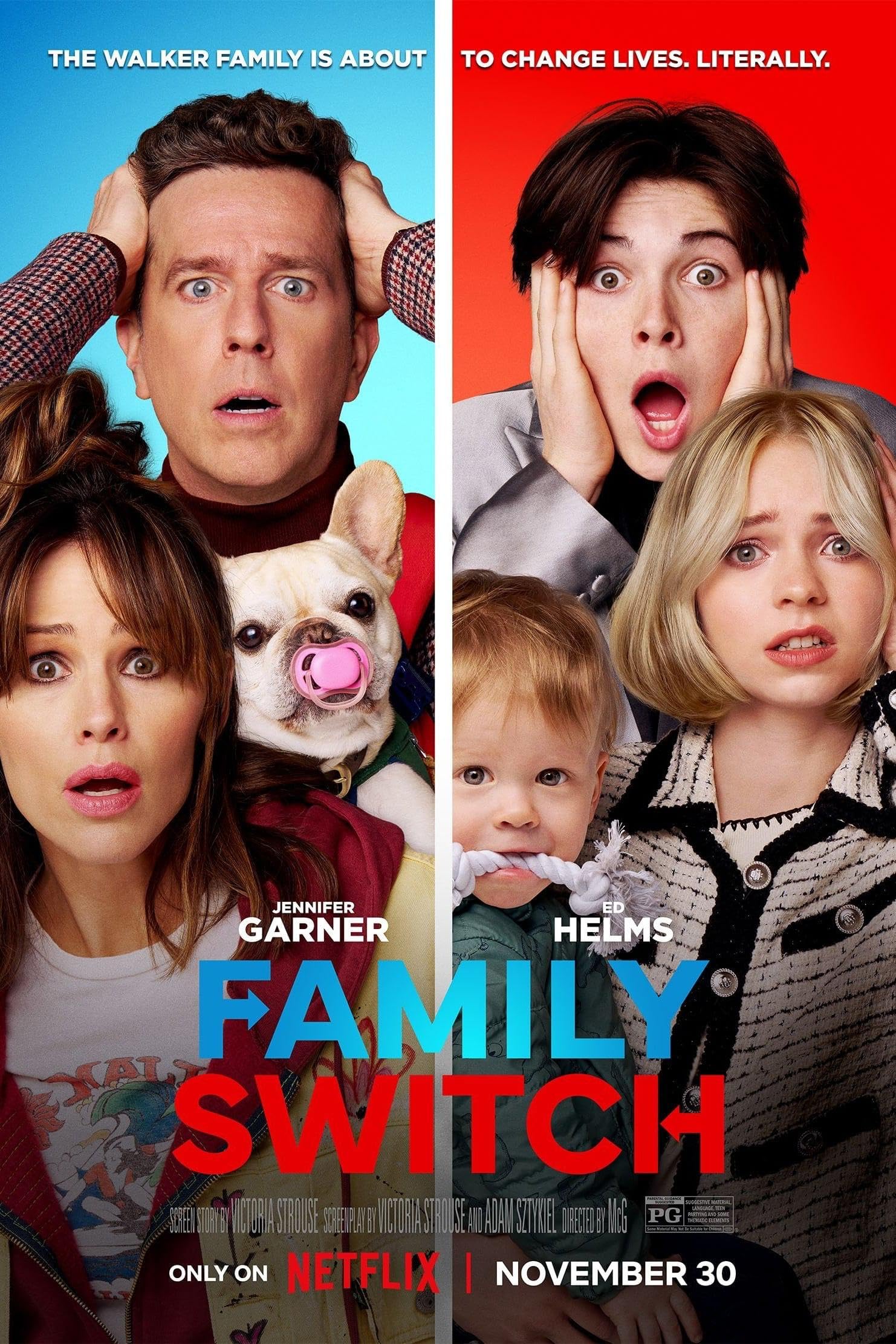 The movie poster for Family Switch that has the Walker family and their dog.