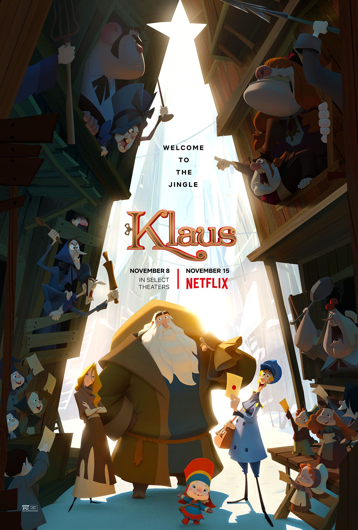 Klaus Netflix movie poster. The poster shows the characters in the movie. 