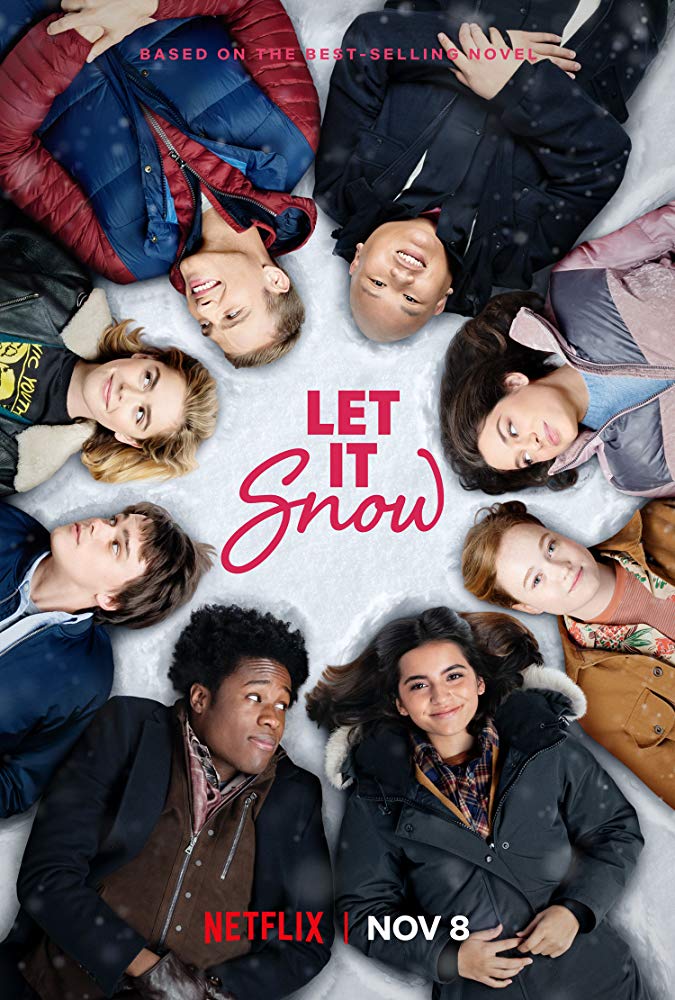 Let it Snow Netflix movie poster. The poster shows the main cast lying down in a circle on the snow. 