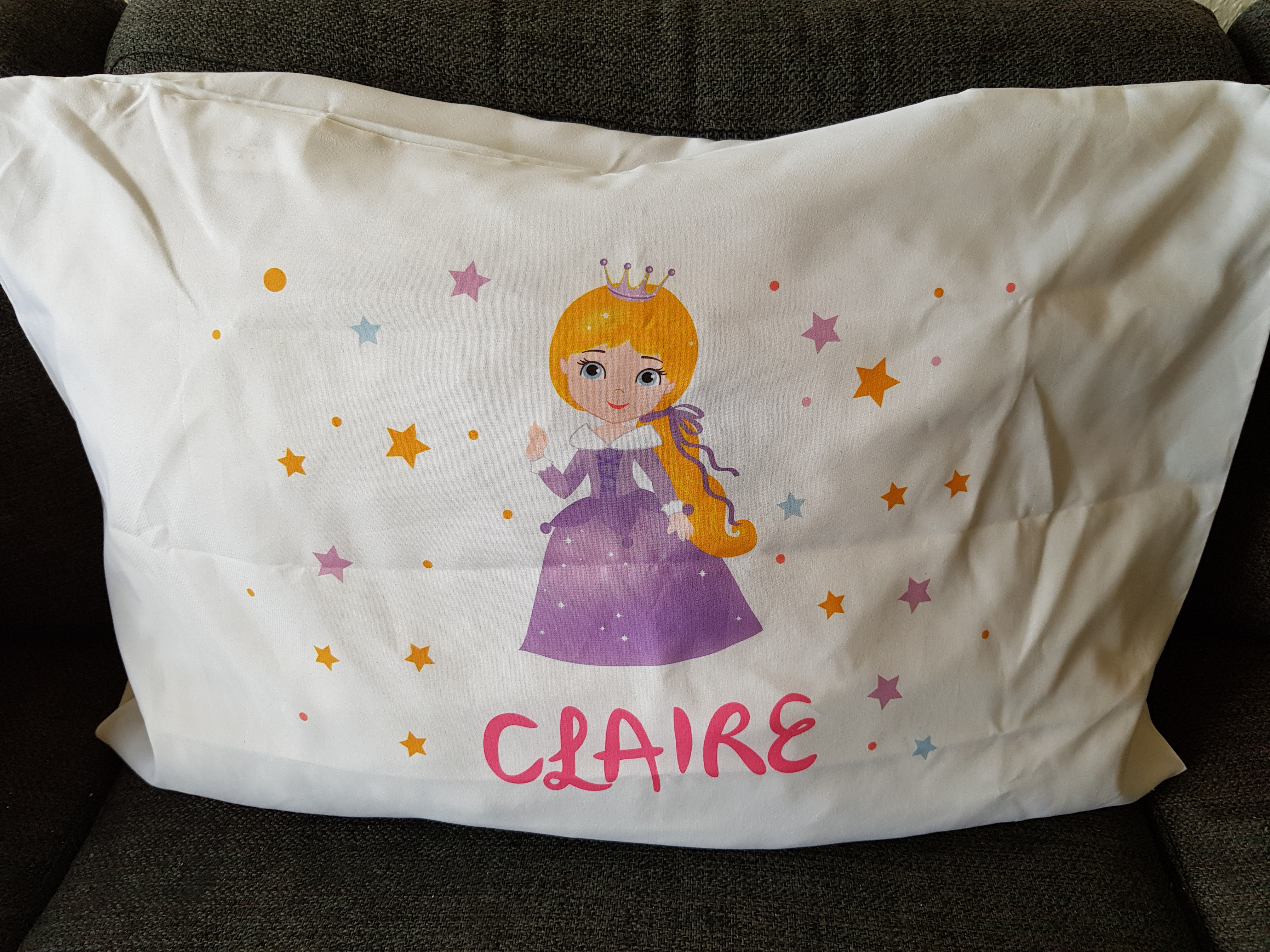 personalized princess pillowcase shown on a pillow