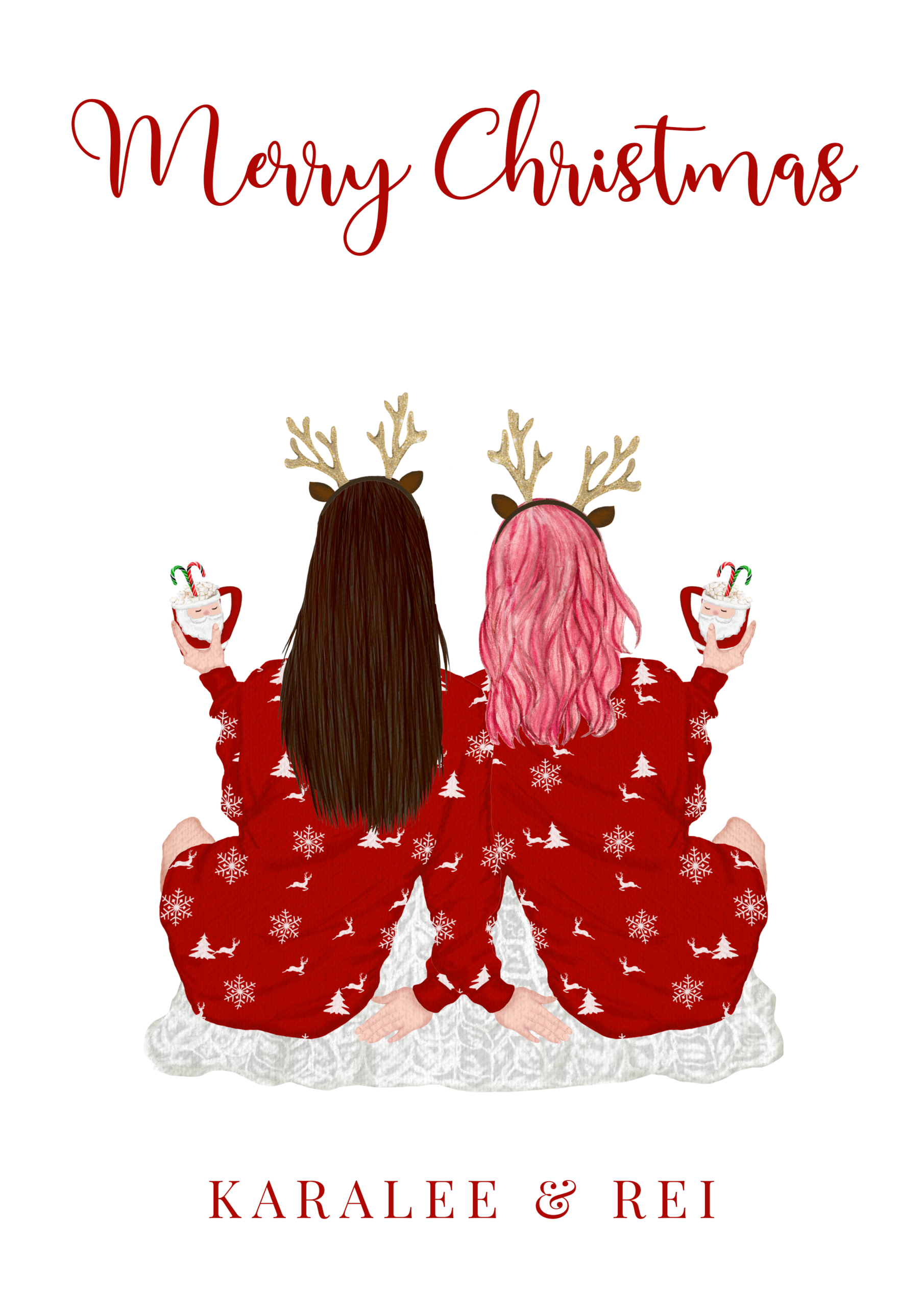 Custom printable poster with two friends in pajamas and Merry Christmas at the top of the image