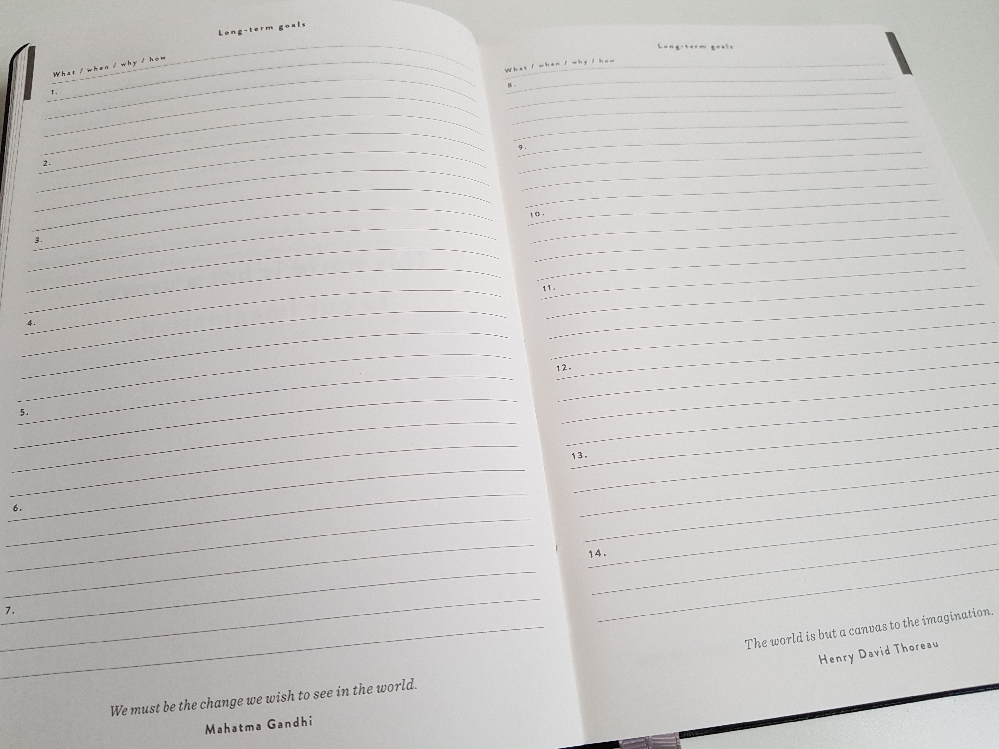The long-term goals pages of the Mål Paper Daily Goal Setter Planner. There is space to write 14 goals with what they are, when you want to acheive them, why, and how.