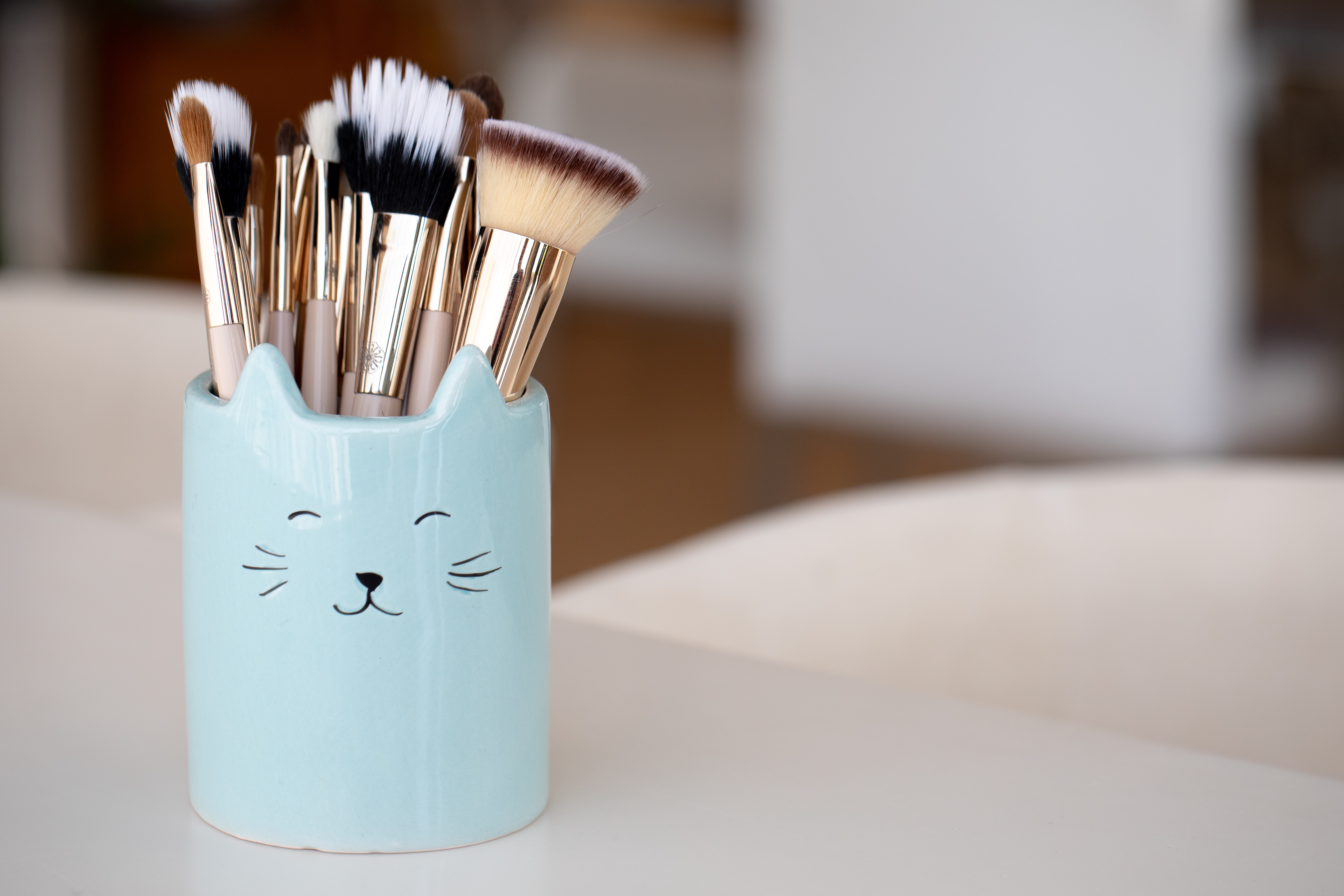 A makeup brush set sitting in a cat face-shaped holder