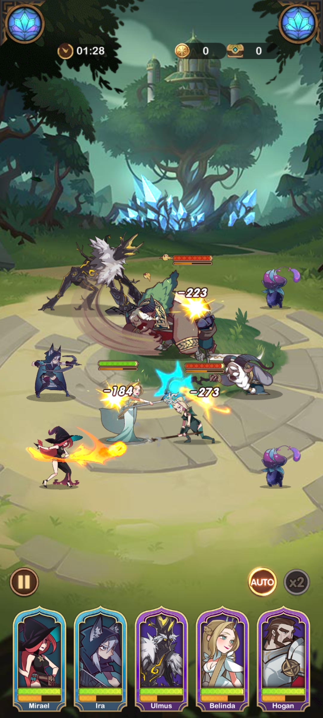 Screenshot from AFK Arena of my team of heroes fighting the enemies