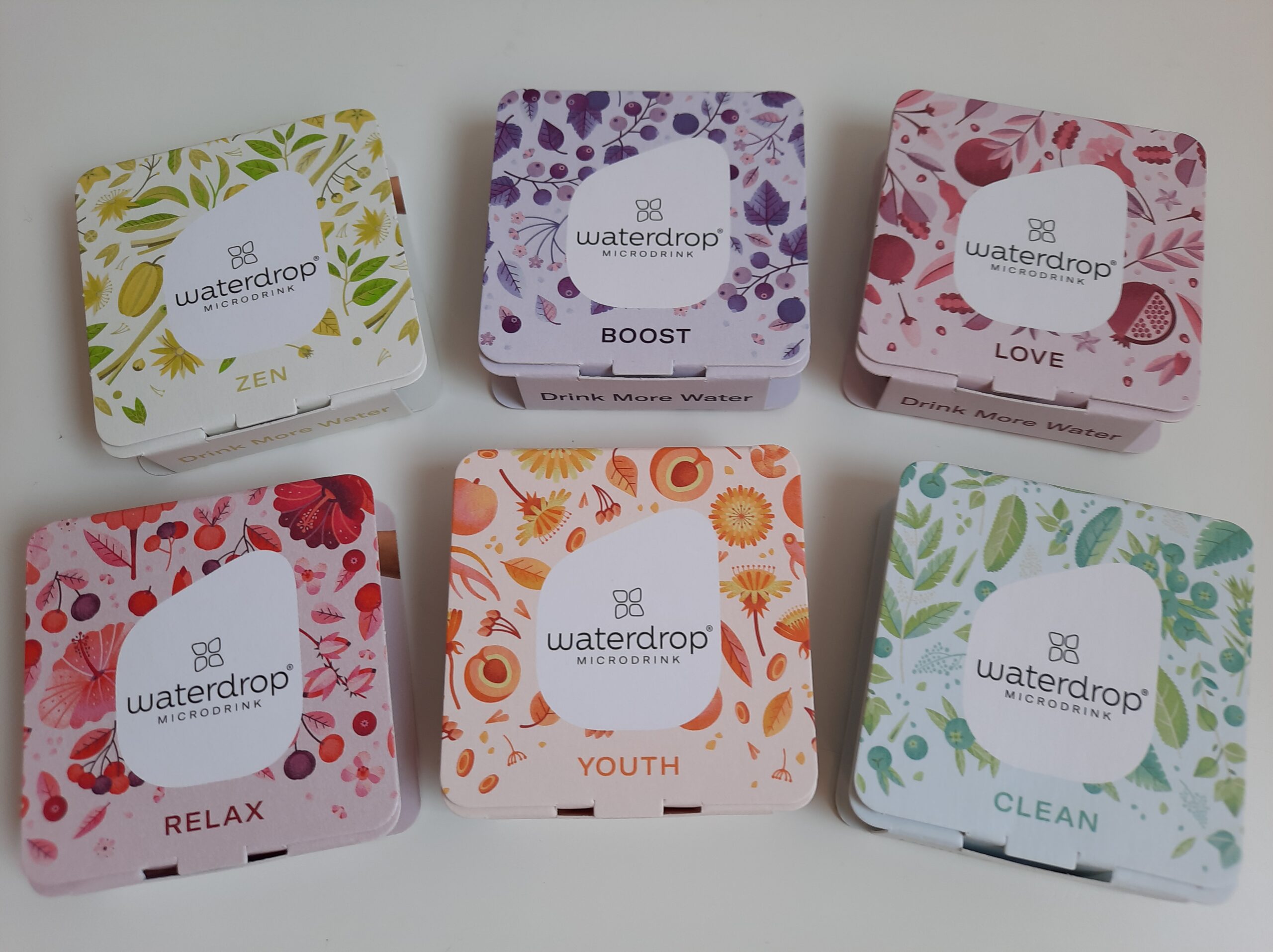 The 6 flavors of microdrinks I received from the Waterdrop taster pack including Zen, Boost, Love, Relax, Youth, and Clean