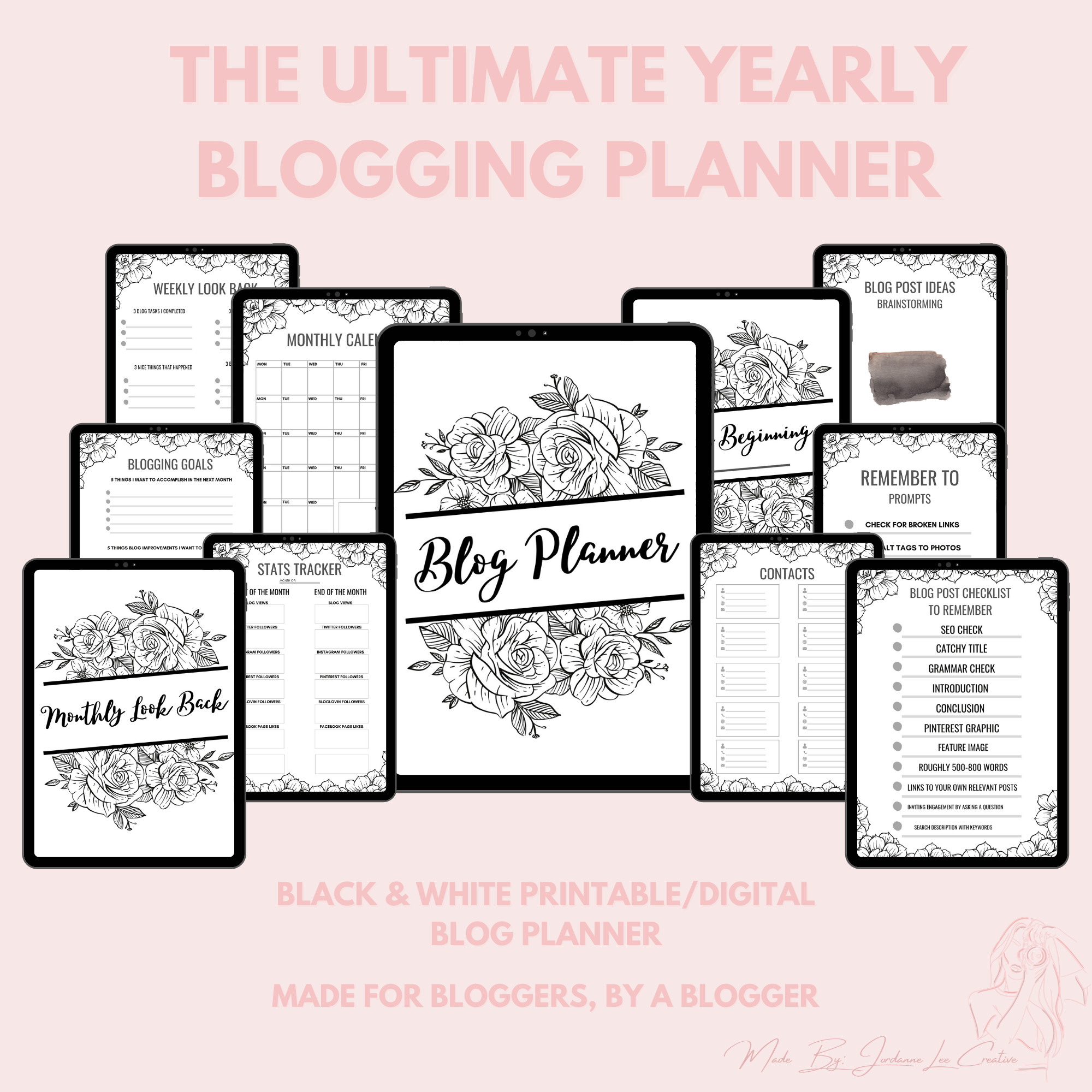 A preview of the Ultimate Yearly Blogging Planner that shows several of the pages included in Jordanne's planner 