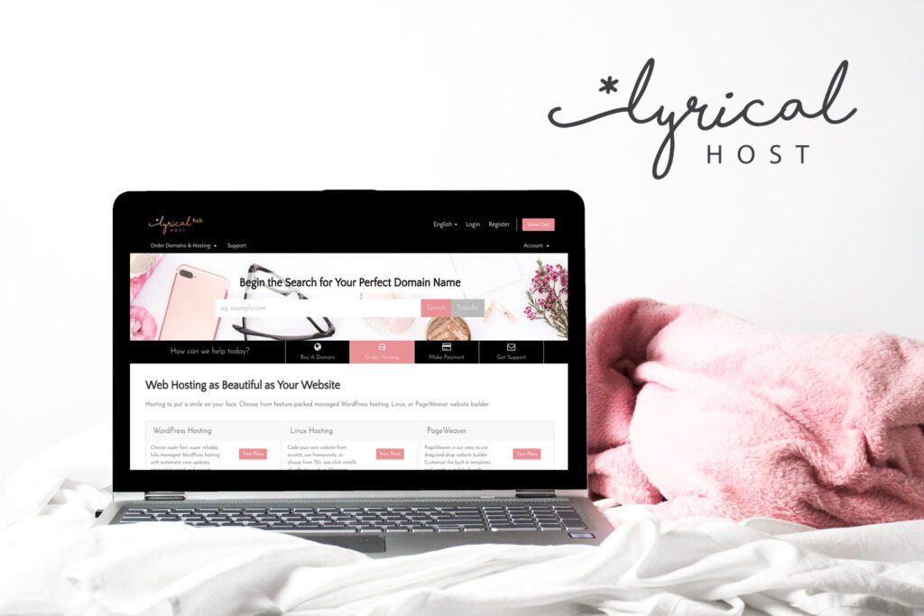 A mockup for Lyrical Host that shows a laptop on a bed that is displaying the Lyrical Host homepage 