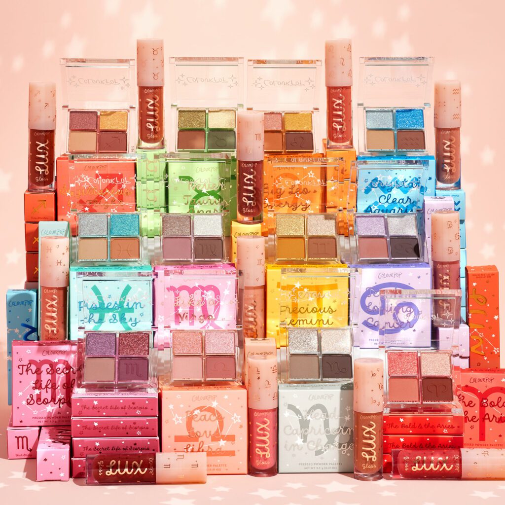 All 12 Colourpop astrology kits that include a 4-shade eyeshadow palette and lip gloss for each astrological sign. 