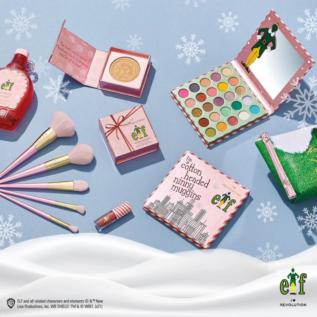 The 18-pan palette, highlighter, lip gloss, brush set, and makeup bag from the I Heart Revolution x Elf collaboration
