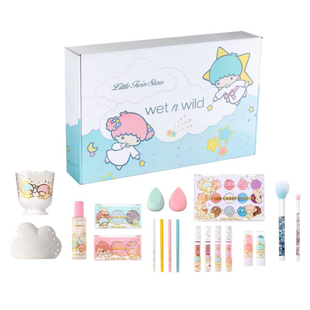 The Wet n Wild Little Twin Stars Collection that includes an eyeshadow palette, blush, highlighter, glitter topper, lip products, and accessories. 