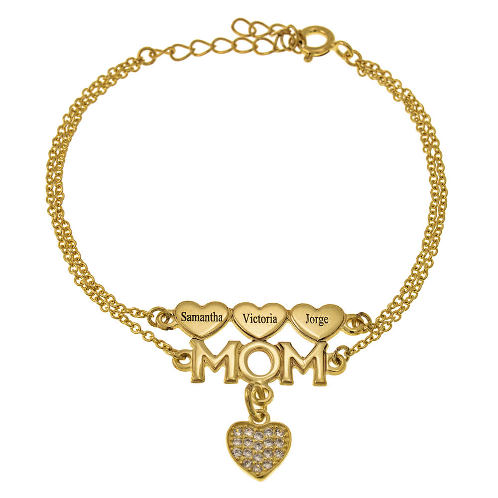 The Mom Double Chain Bracelet With Hearts And Inlay Heart in 14k solid gold from JoyAmo