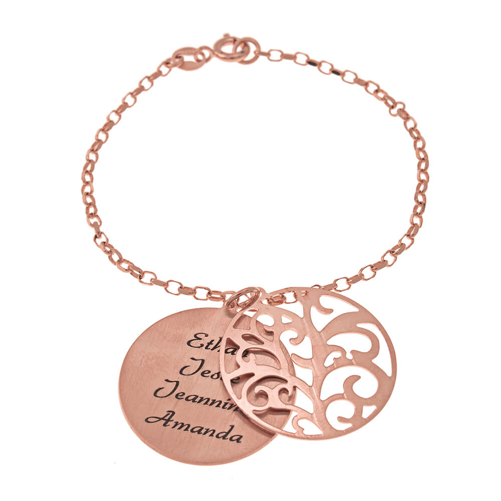 The Personalized Double Layer Family Tree Bracelet in 18k rose gold plating from JoyAmo