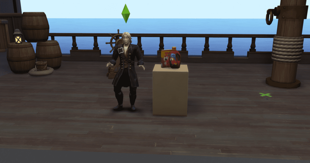 A sim dressed as a pirate and doing a commercial for the acting career