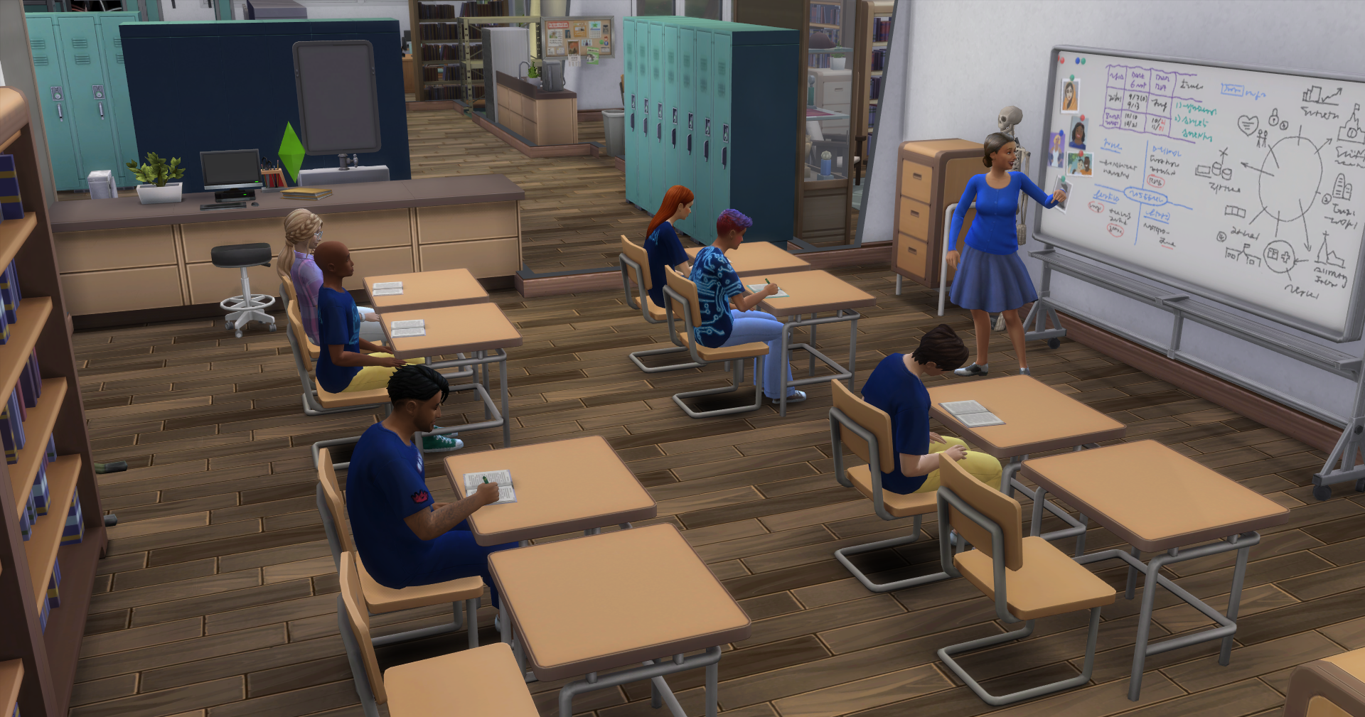 My sim sitting in a classroom at the highschool in Cooperdale. The teacher is presenting a lesson at the whiteboard while students are taking notes