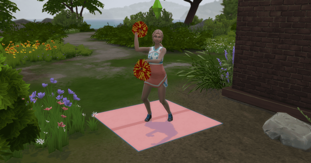 My sim practicing a solo cheer routine on the cheerleading mat