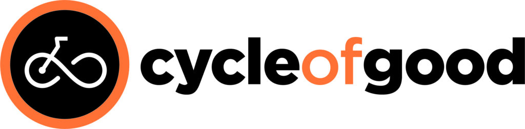 The header for Cycle of Good. Cycle of good is written a black and orange lowercase font and to the left of the name is an illustration of a bike and the wheels form an infinity symbol.