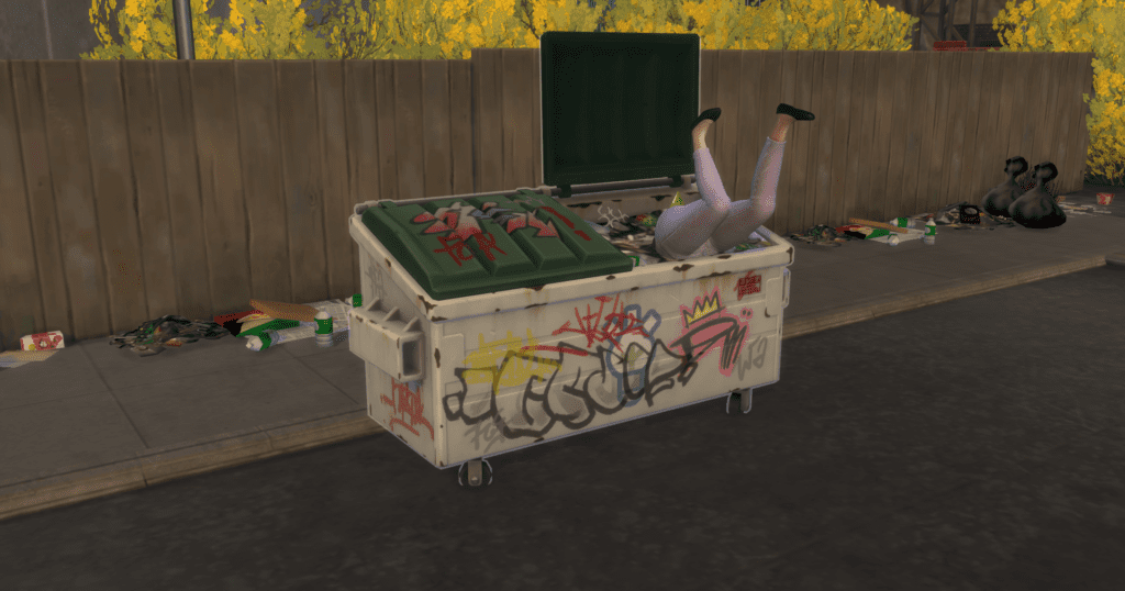 A sim diving in the dumpster