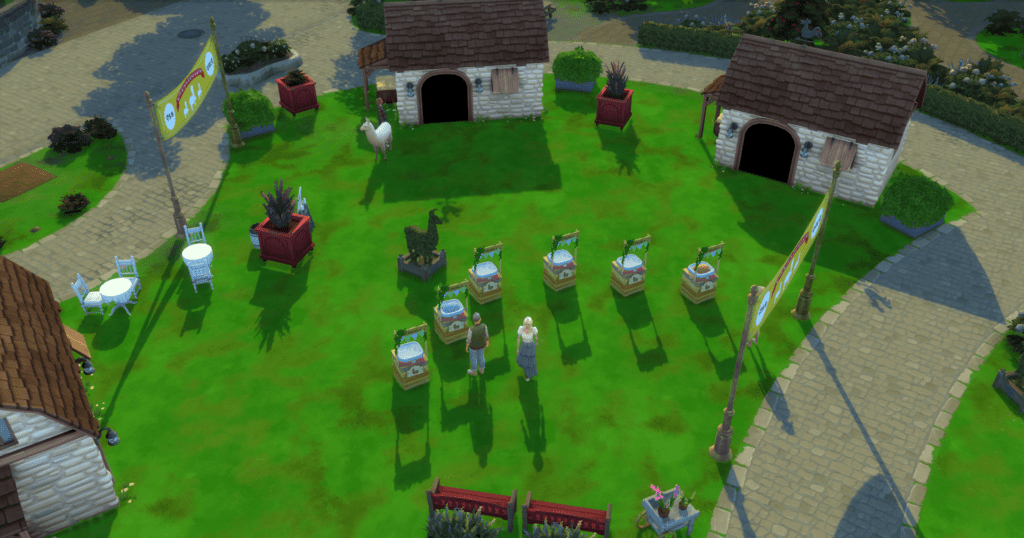 My sim at the Finchwick Llama Fair. There is one llama standing outside the barn and one stand has llama wool.