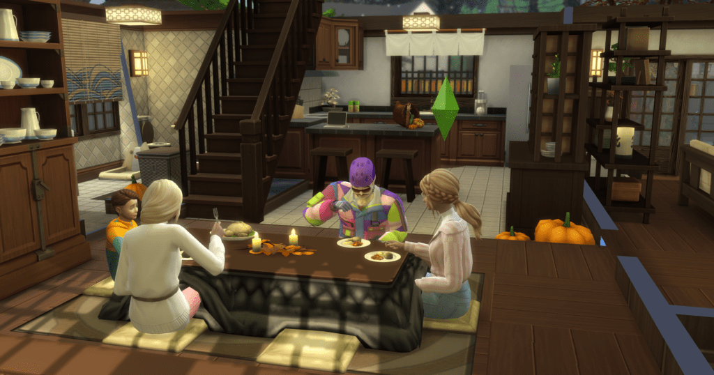My sims family eating turkey during Harvestfest. Theeir table is decorated with fall leaves and there are pumpkin decorations in the room