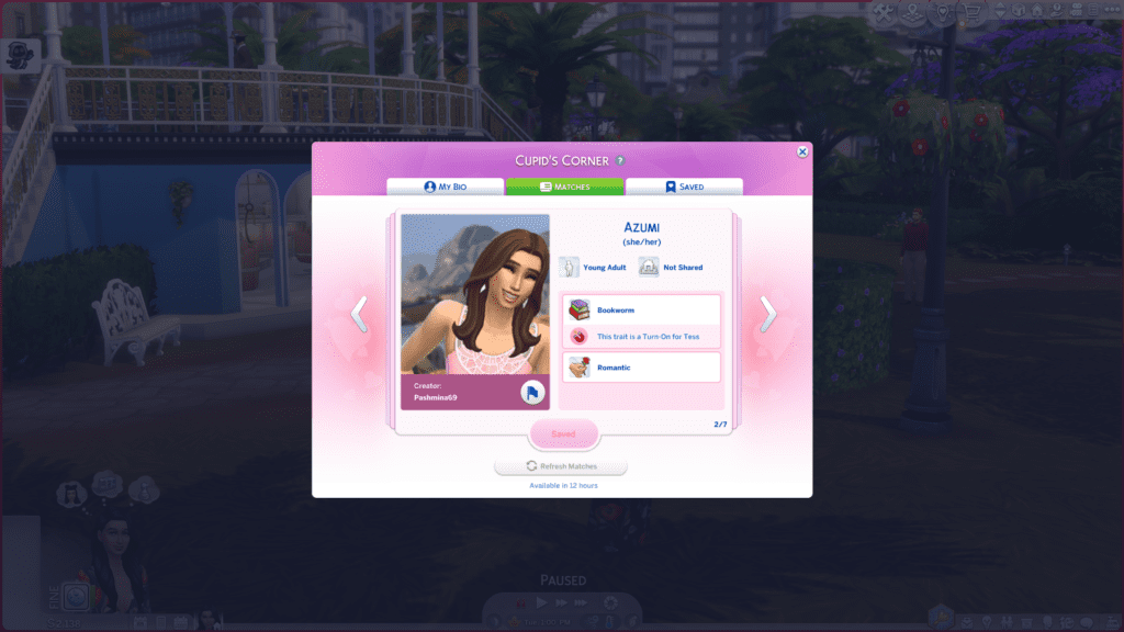The Cupid's Corner app that shows one of the potential matches, which is a sim from the Gallery. My sim has one turn-on for the potential match.