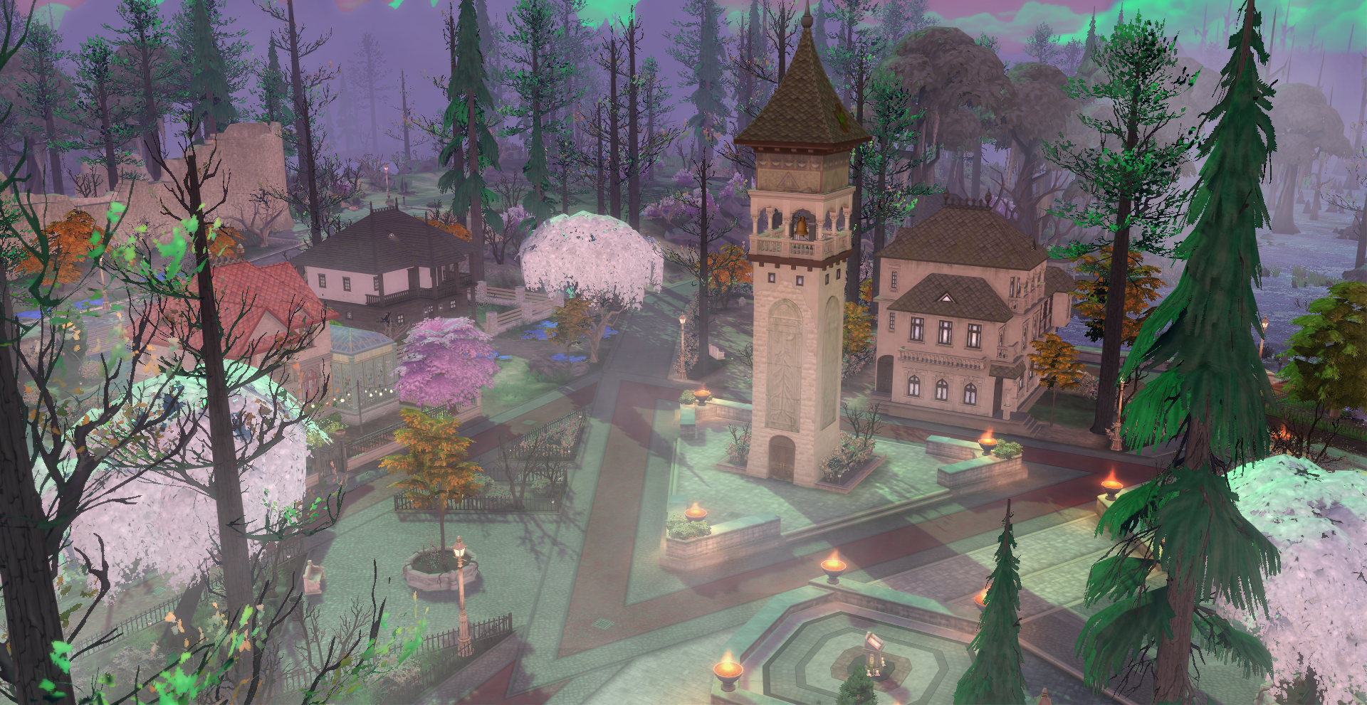A screenshot of the town center of the Mourningvale neighborhood in the Life & Death expansion pack