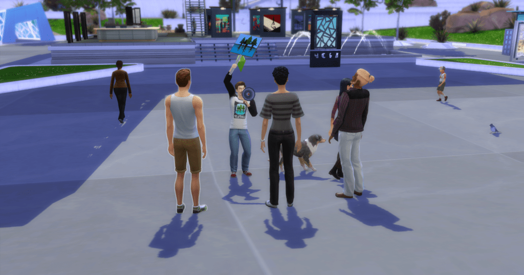 A sim who is a politician. They are currently protesting and holding a sign and talking in a megaphone.