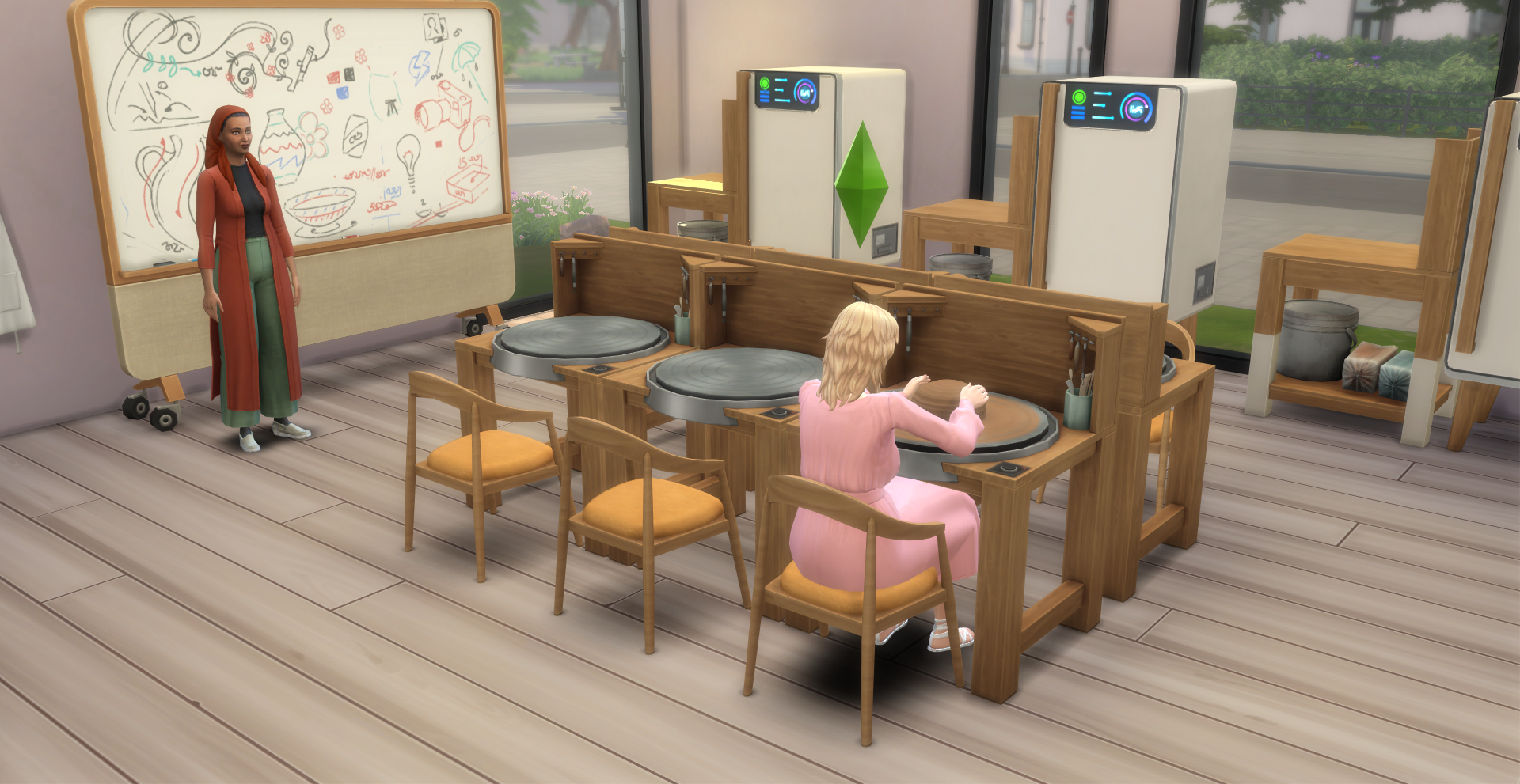 A sim using the pottery while another sim is giving a lecutre