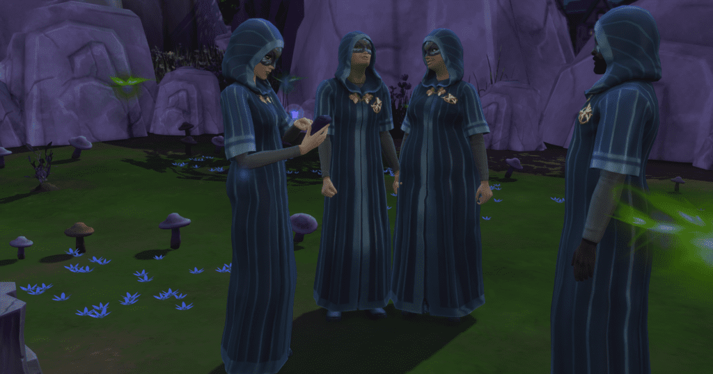 My sim at a Secret Society meeting. All the sims are dressed in robes and wearing a mask
