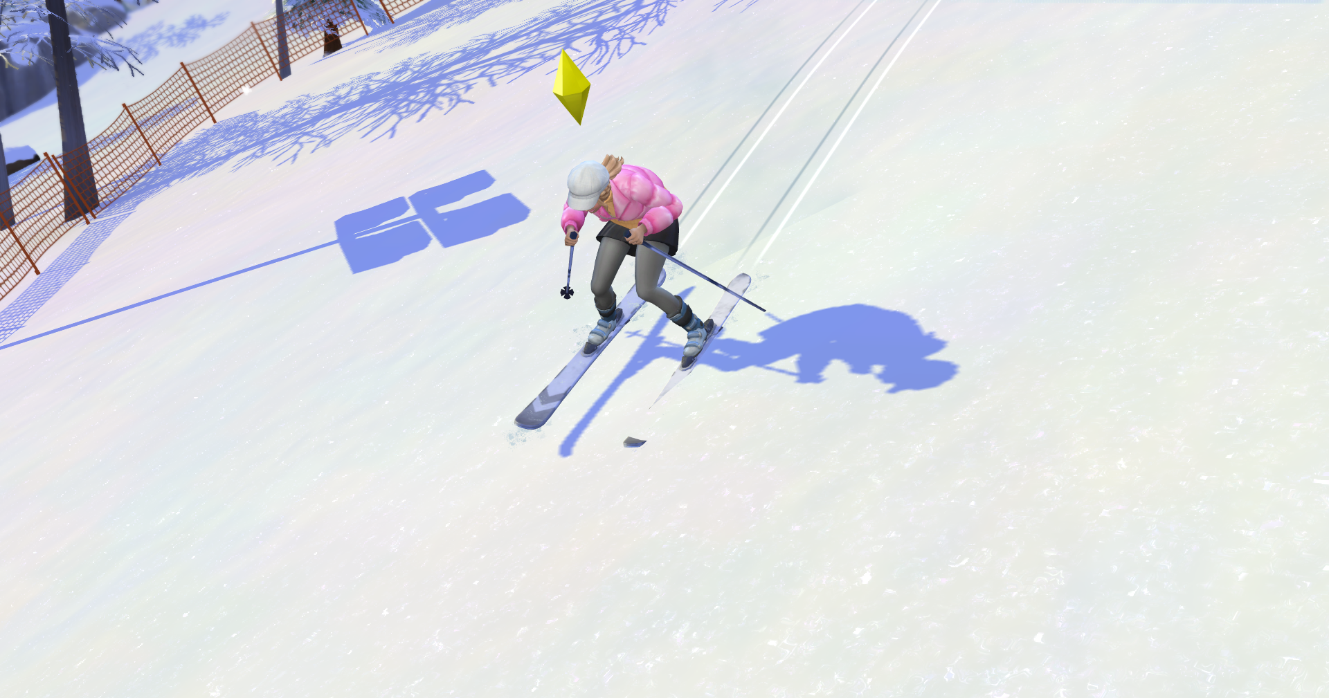 A screenshot from The Sims 4 Snowy Escape Expansion Pack where one of my sims is skiing on the mountain