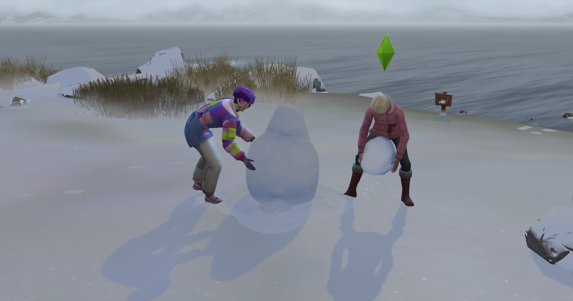 A screenshot from The Sims 4 Seasons Expansion Pack where two of my sims are building a snow pal together