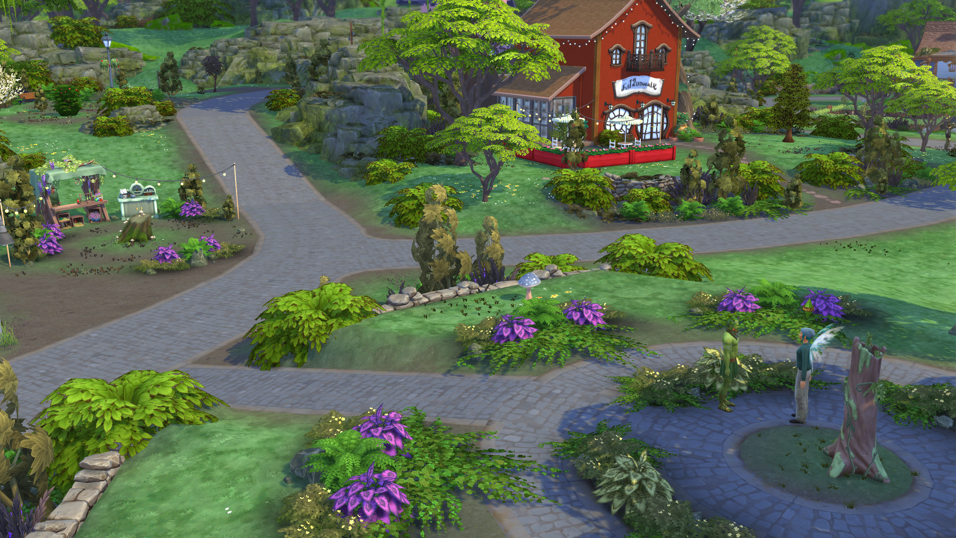 The Sprucederry Grove neighborhood with the apothecary stall, plant sim Spruce Almighty and used bookstore