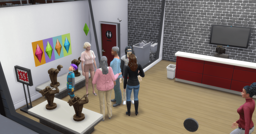 My sim and the store I built to sell wooden statues