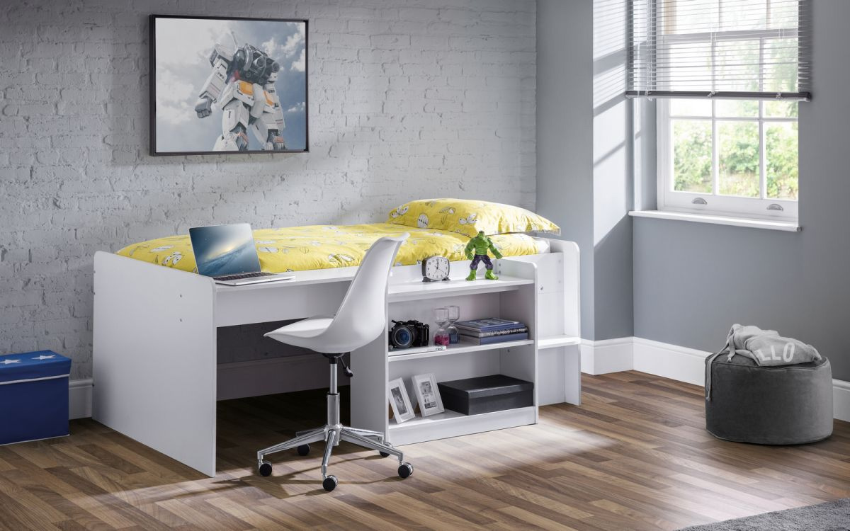 The Julian Bowen Neptune Midsleeper from Bedstar. The child's bed features a desk area and shelves for storage. 