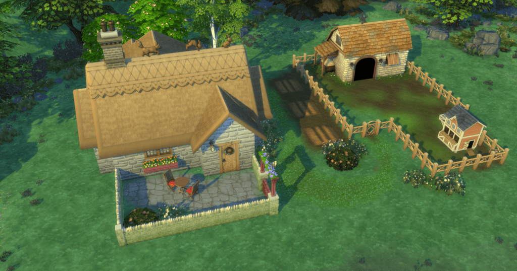 A lot in Cottage Living that includes a small cottage and an area with crops, an animal shed, and a chicken coop.